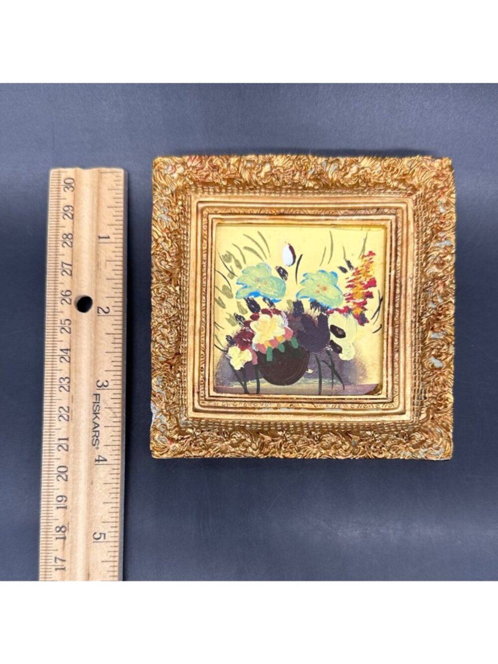 Vintage Miniature Floral Painting Ornate Gold Frame Wall Hanging Blue Flowers - Picture 8 of 10